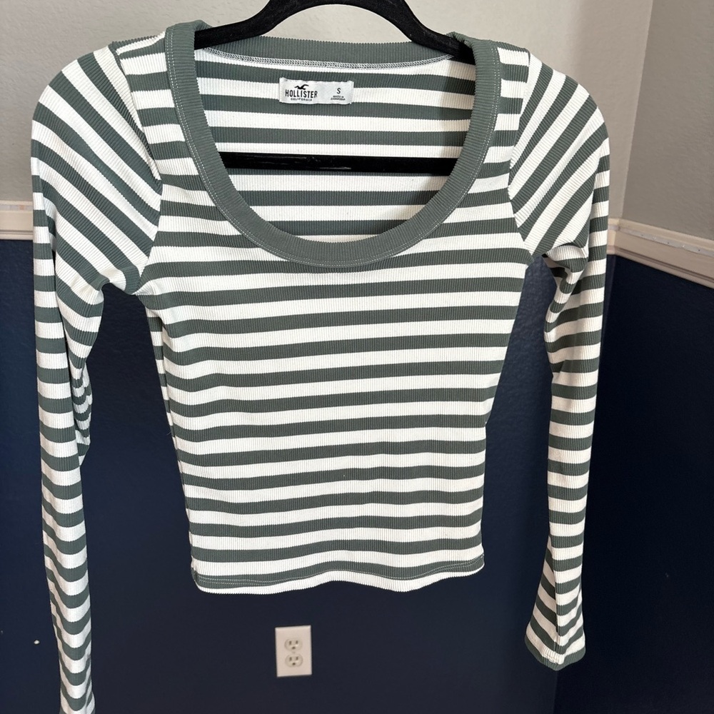 Hollister Olive and White Striped Long Sleeve Top